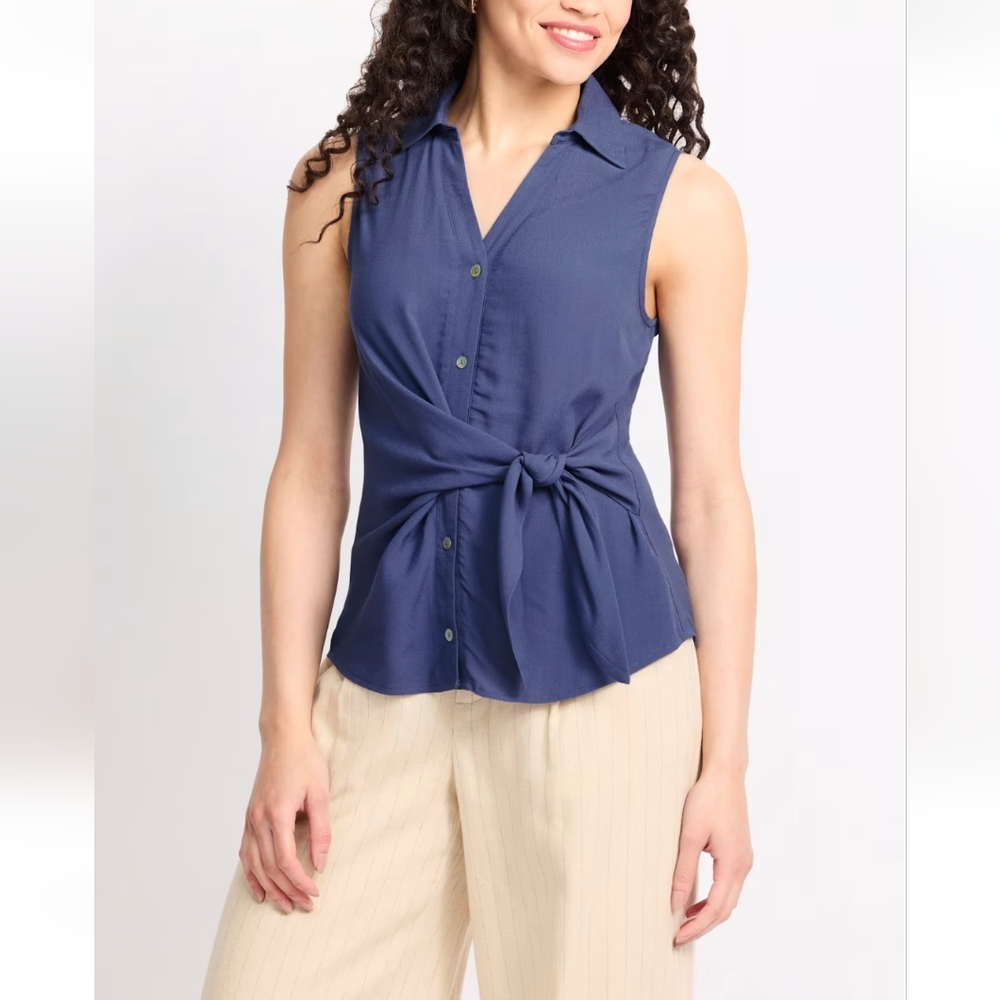 Papermoon- Navy Sleeveless Side Knot-Front Button Down Blouse